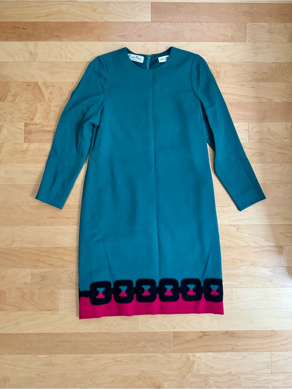 Vintage Teal Long Sleeve Shift Dress with Pink & Black Chain Trim